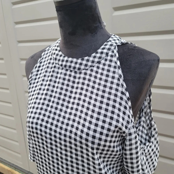 Elodie Womens Top Black White Cold Shoulder Tie Neck Short Sleeve Check Sz XS - Picture 5 of 8